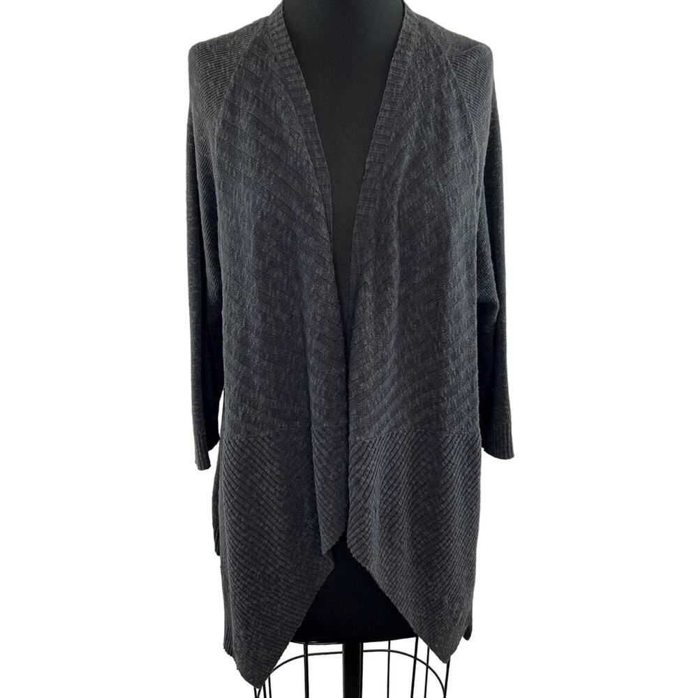 Eileen Fisher Dark Gray Linen Cotton Blend Long Sleeve Open Front Cardigan Sz L
